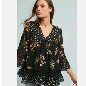 Maeve Anthropologie Top Steffy Black Floral‎ Peasant Blouse